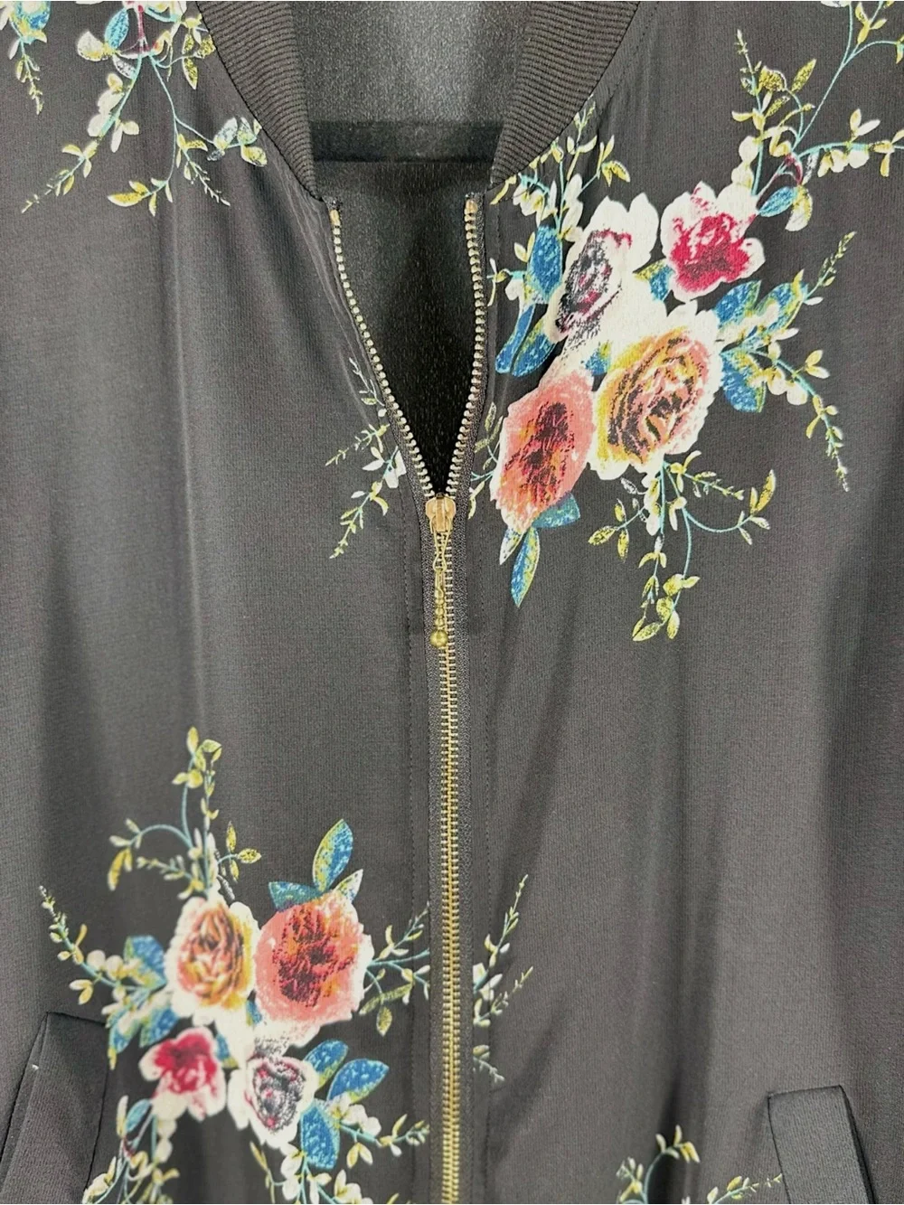 Black Floral Bomber Jacket Semi Sheer Lightweight Zip Up Coat - Picture 12 of 13